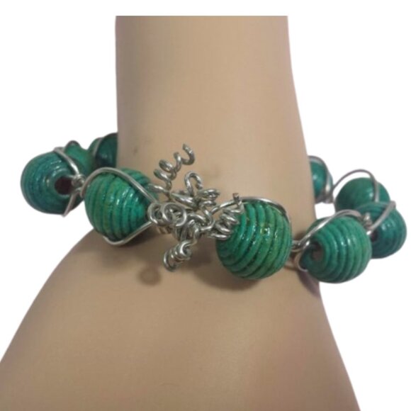 Handcrafted 8" Teal Green Wood Beaded Boho Wire Wrapped Bangle Bracelet - Picture 5 of 6